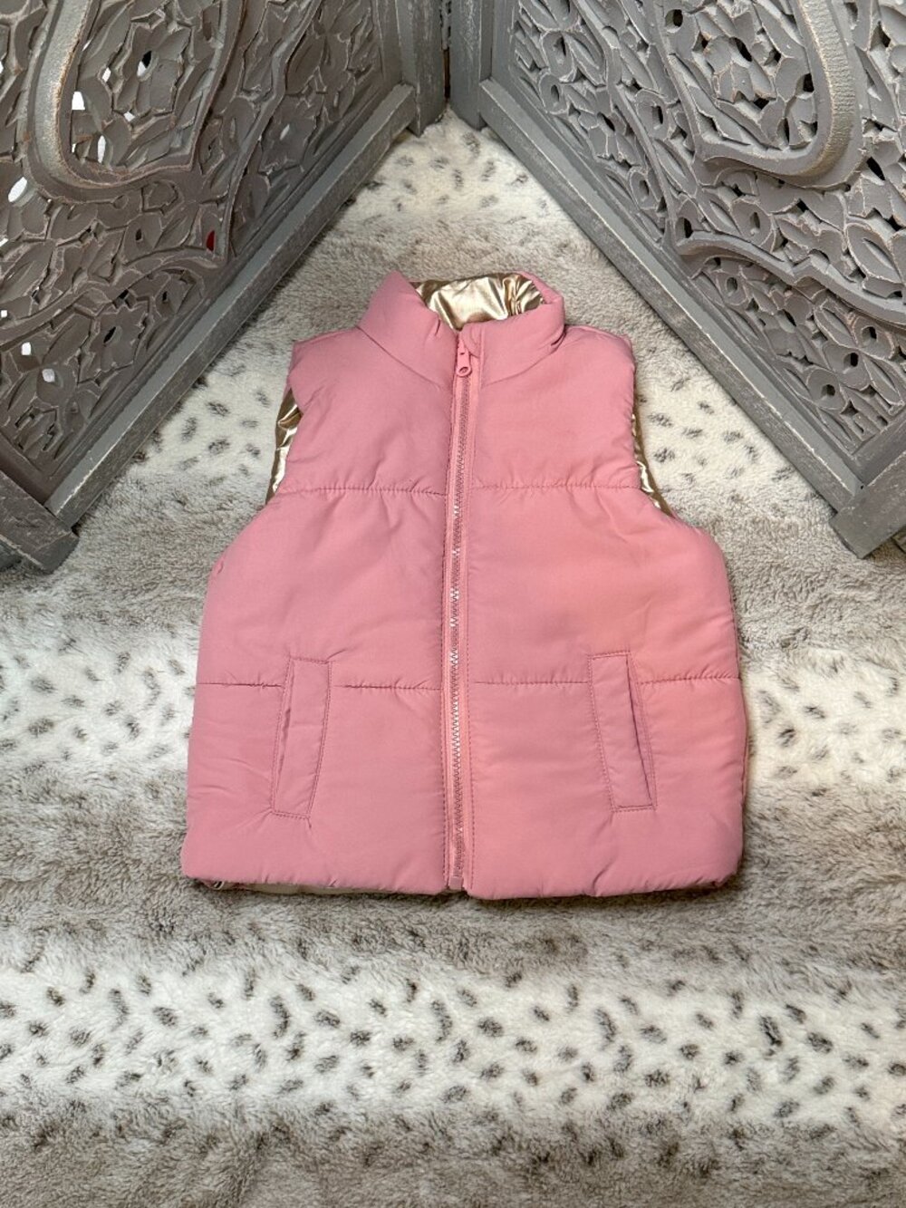 Nannette Kids reversible pink gold puffer vest girls 3T metallic school winter